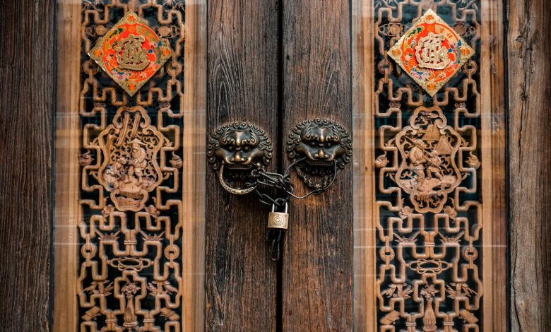 A decorative wooden door with ornate carvings and a padlock, showcasing traditional design.